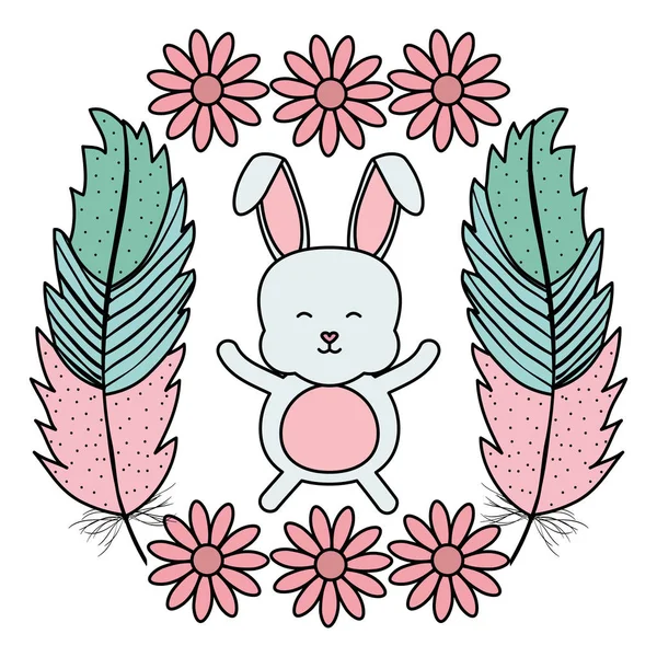 Cute little rabbit with flowers and feathers frame — Stock Vector