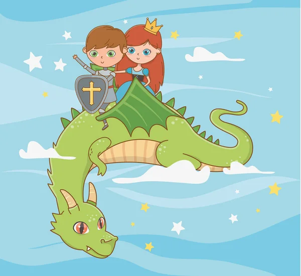 Caballero princesa y dragón del diseño de cuento de hadas — Vector de stock