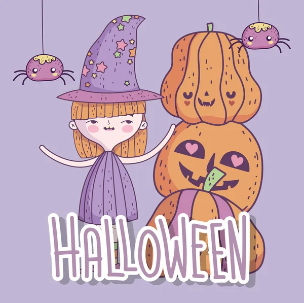 Happy halloween celebration girl witch and pile pumpkins — Vector de stock