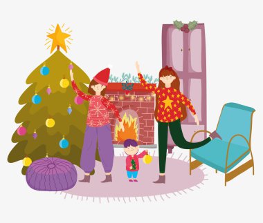 women and little boy living room with tree merry christmas, happy new year