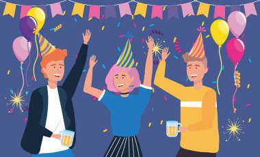 men and woman with hat and confetti decoration