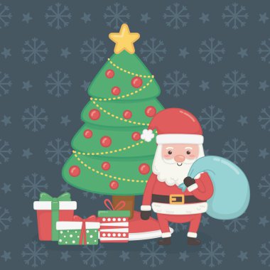 Noel Baba ve çam ağacıyla mutlu noel kartları