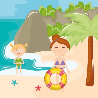 beautiful woman and daughter with swimsuit on the beach