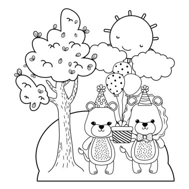 Lioness and lion with happy birthday icon design