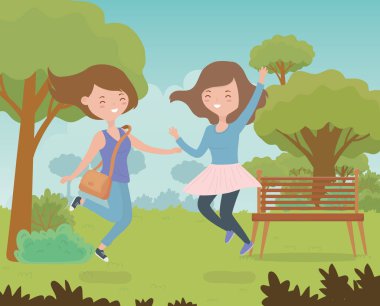 Park vektör illüstrasyonunda kutlama yapan mutlu genç kadınlar.