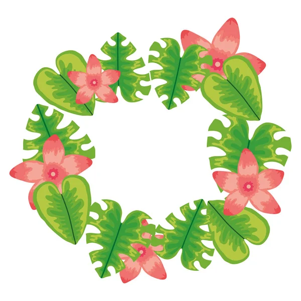 Exotic and tropical flowers with leafs circular frame — Image vectorielle