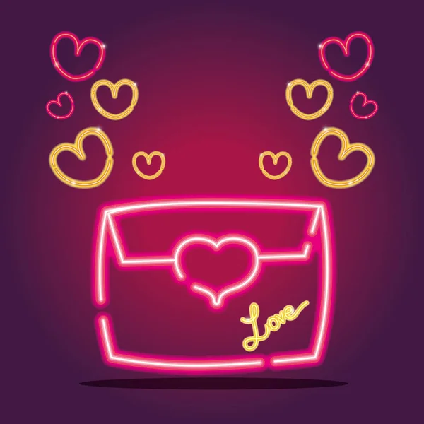 Card letter with hearts neon icons decoration — ストックベクタ