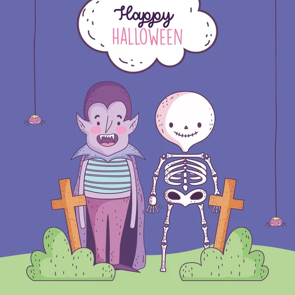 Happy halloween celebration boys dracula and skeleton cemetery — ストックベクタ