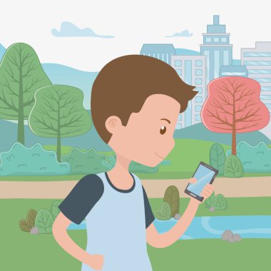Park tasarımında akıllı telefonu olan bir adam çizgi filmi