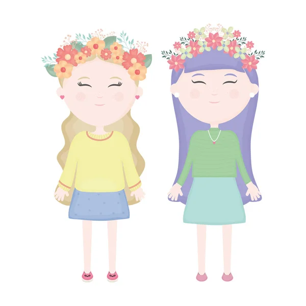 Couple of cute girls with floral crown in the hair characters — Archivo Imágenes Vectoriales