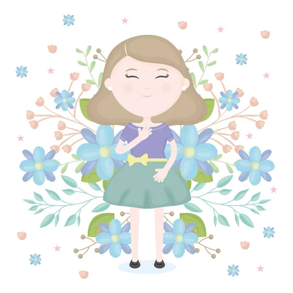 Linda niña con carácter de decoración floral — Vector de stock