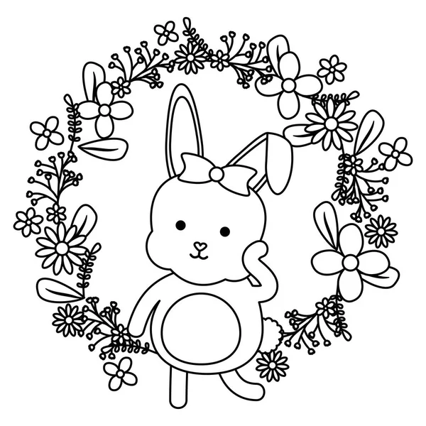Cute little rabbit with floral decoration frame — Vetor de Stock