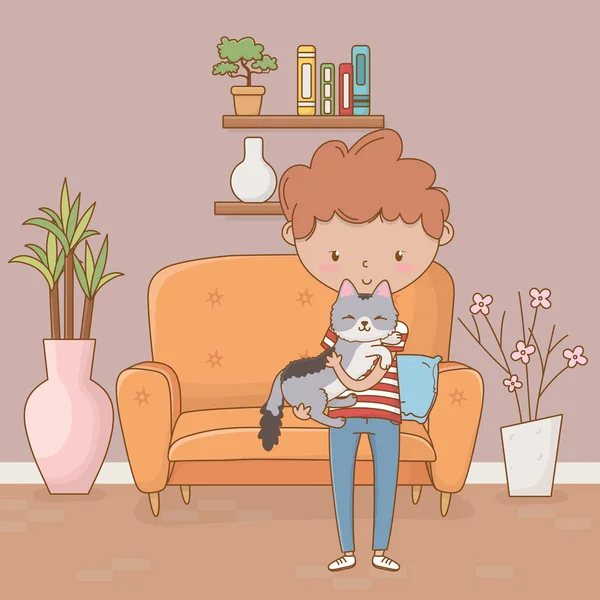 Garçon avec dessin animé chat design — Image vectorielle