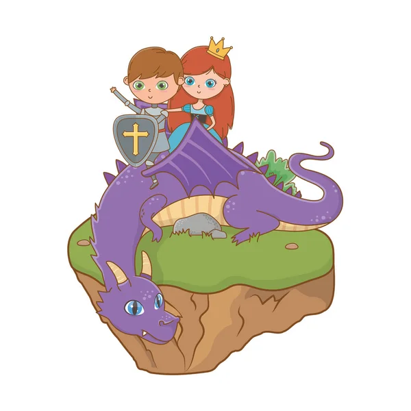 Princess knight and dragon of fairytale design vector illustration — Vector de stock