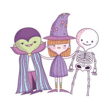 Cadılar Bayramı 'nız kutlu olsun. Şapkalı cadı iskeleti ve canavarı olan kız.