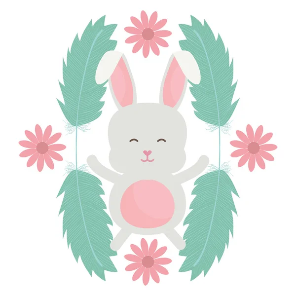 Cute little rabbit with flowers and feathers frame — Stock Vector