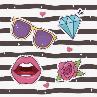 dudaklar elmas çiçek güneş gözlüğü süsleme moda yamaları