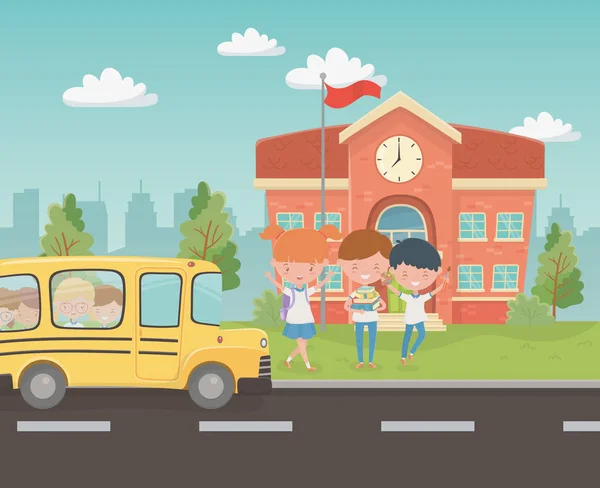 School building and bus with kids in the landscape scene — Stockvektor