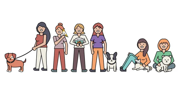 年轻的妇女与可爱的猫和狗吉祥物 — 图库矢量图片