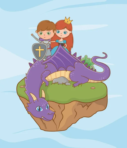 Caballero princesa y dragón del diseño de cuento de hadas — Vector de stock