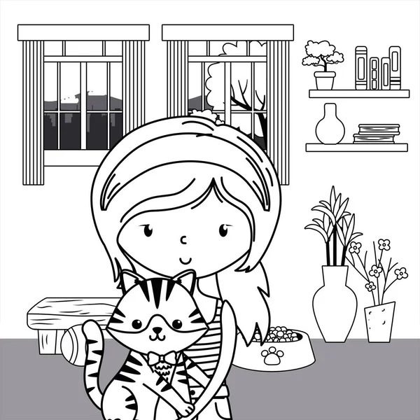 Flicka med katt tecknad design — Stock vektor