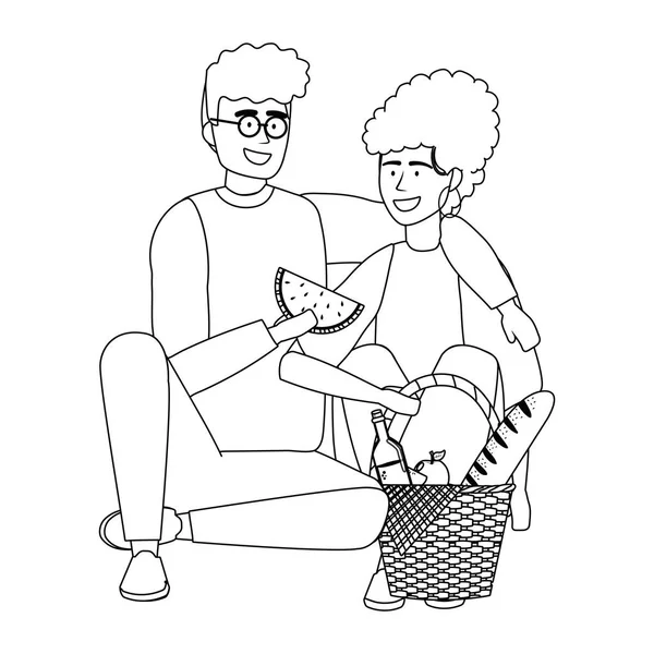 Pareja de mujer y hombre teniendo diseño de picnic — Vector de stock