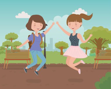 Park vektör illüstrasyonunda kutlama yapan mutlu genç kadınlar.