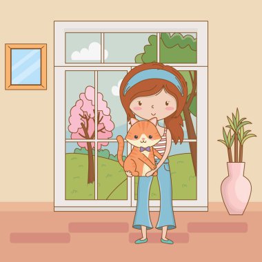 Kedi karikatür tasarımı ile kız