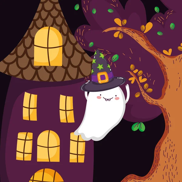 Ghost with hat house tree halloween — Stock Vector