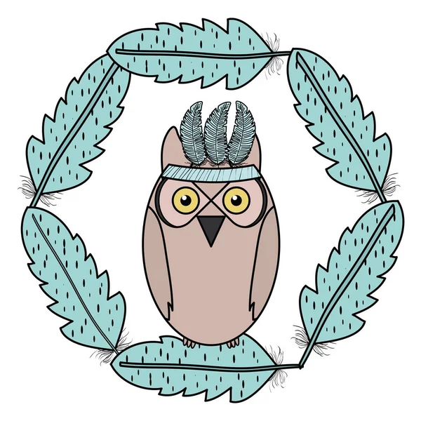 Oiseau hibou avec plumes chapeau cadre style bohémien — Image vectorielle