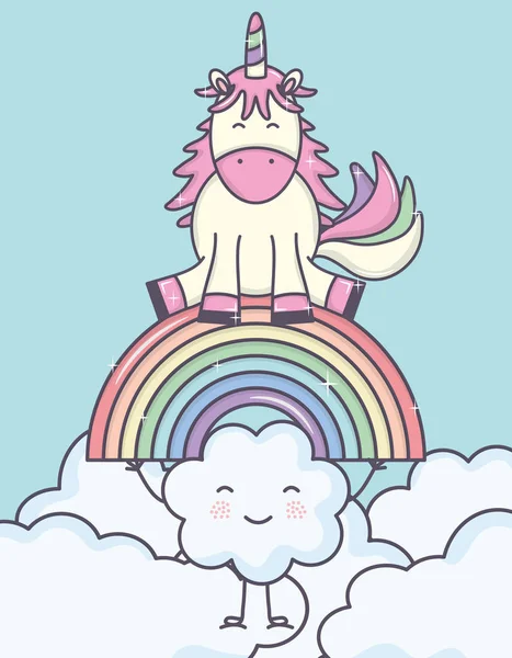 可爱的可爱的独角兽与云和彩虹 — 图库矢量图片