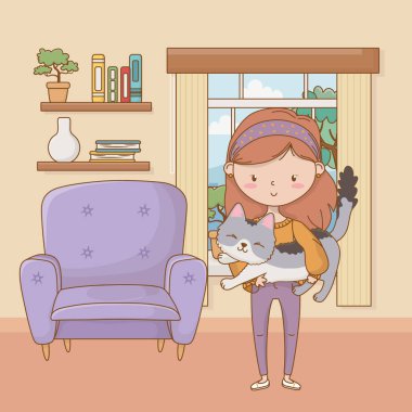 Kedi karikatür tasarımı ile kız