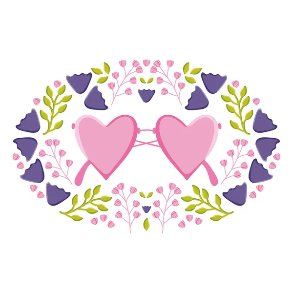 Fashion glasses with hearts love shape and floral wreath — Stock Vector