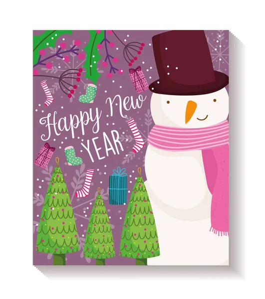 Felice anno nuovo pupazzo di neve alberi regalo calzino decorazione poster — Vettoriale Stock