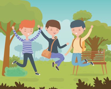 happy friends celebrating in the park scene vector illustration