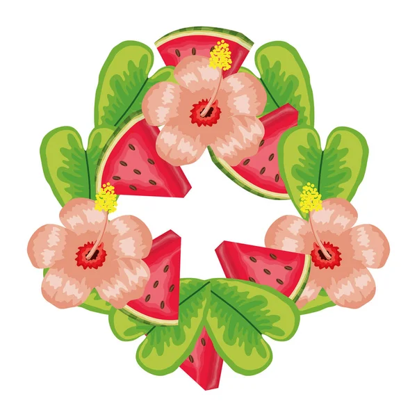 Melon d'eau frais fleurs et feuilles décoration — Image vectorielle