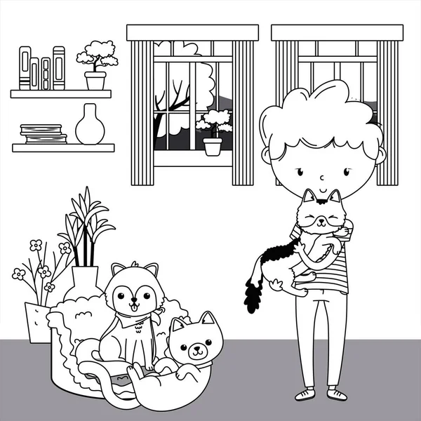 Хлопчик з кішками та дизайном мультфільмів для собак — стоковий вектор