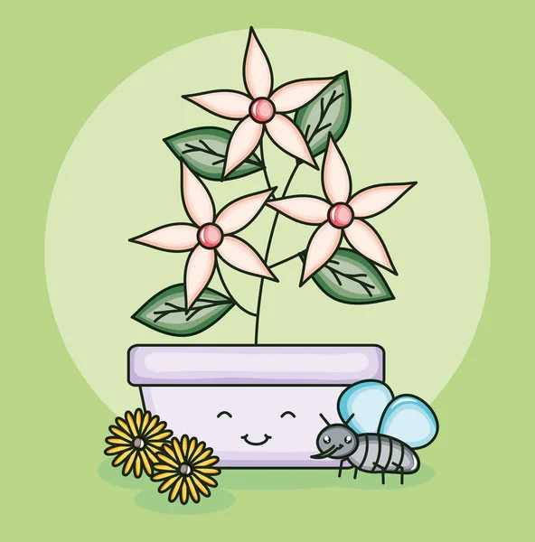 Garden flowers plant in pot with insects flying kawaii style — Stockvektor