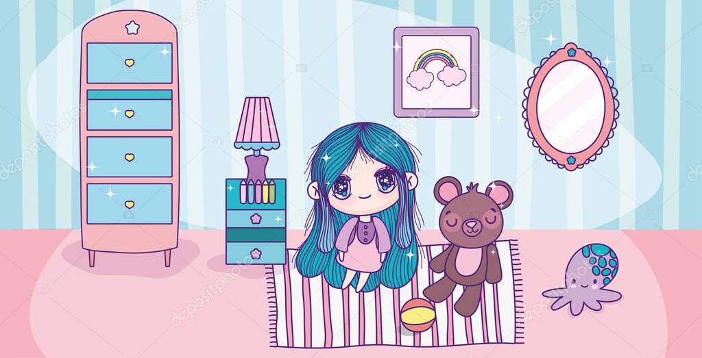 anime cute girl with teddy toys in the room