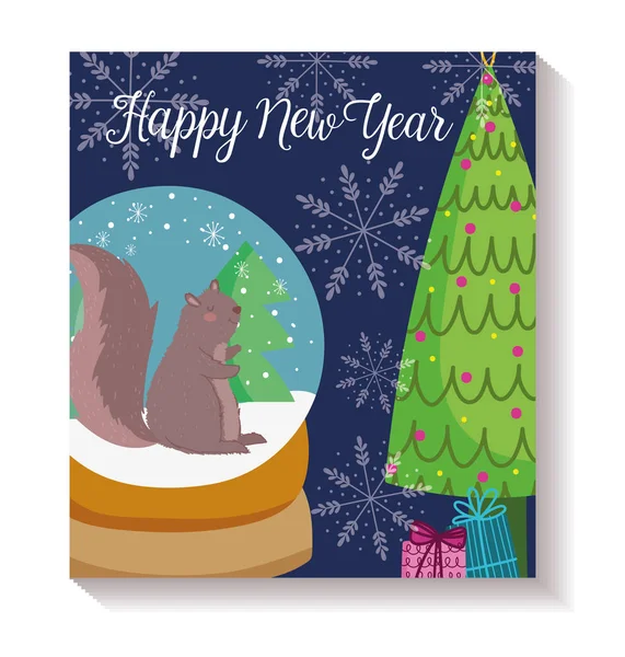 Feliz ano novo esquilo árvores cristal bola neve cartaz —  Vetores de Stock