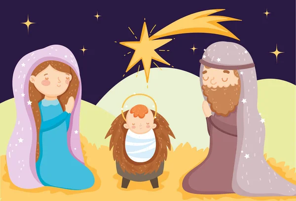 Joseph e mary e bebê jesus estrela noite nascimento alegre natal —  Vetores de Stock