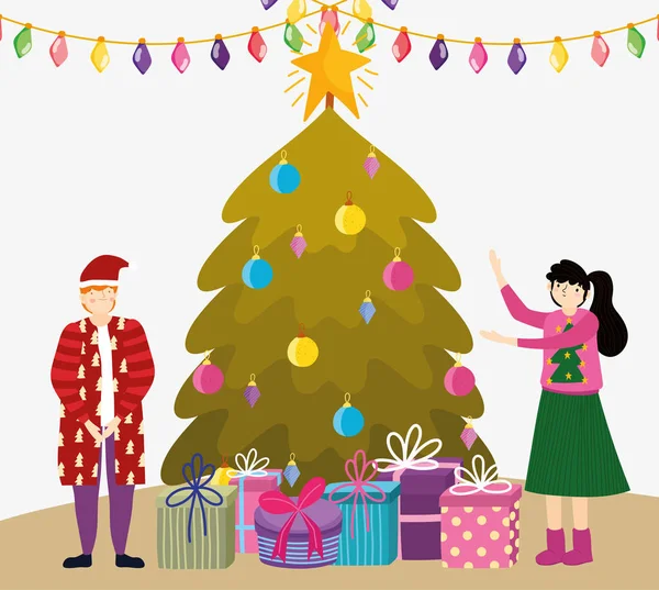 Paar mit Baumgeschenken und Lichterschmuck frohe Weihnachten, frohes neues Jahr — Stockvektor