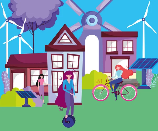 Femmes monocycle vélo panneau solaire moulins à vent maisons écologie — Image vectorielle
