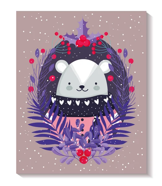 El oso polar con el agua dulce deja las tarjetas de navidad del follaje. — Vector de stock