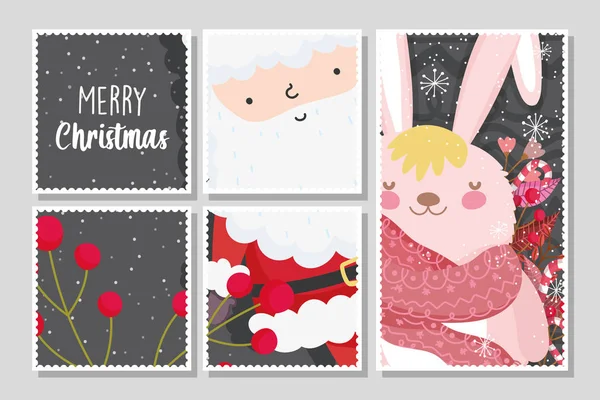 Santa e coelho bagas flocos de neve alegres banners de Natal — Vetor de Stock