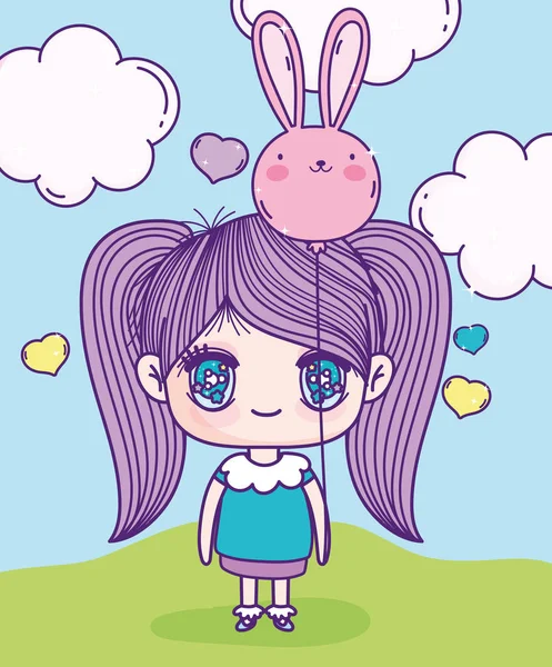 Anime cute girl rabbit shape balloon hearts outdoor — Stock Vector