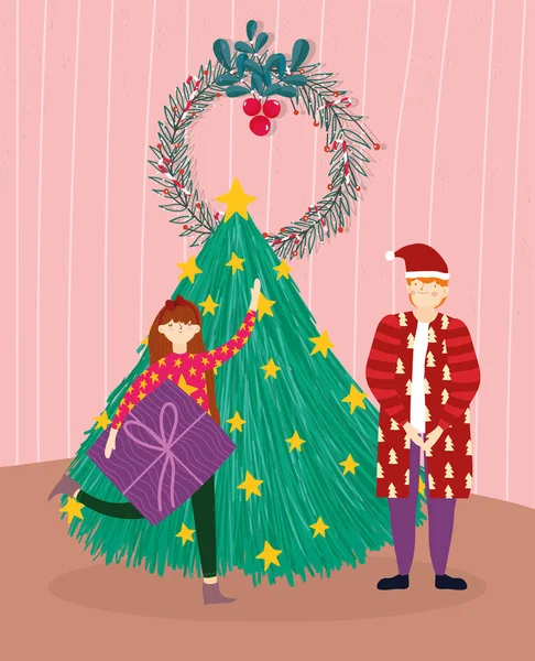 Веселий різдвяний чоловік і дівчина з подарунковим деревом святкування кімнати — стоковий вектор