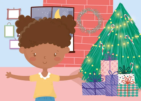 Дівчина дерево подарунки настінні рамки вікно веселого різдвяного святкування — стоковий вектор
