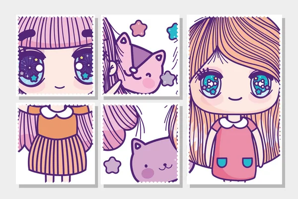 Anime cute girls with cats heads cards - Stok Vektor