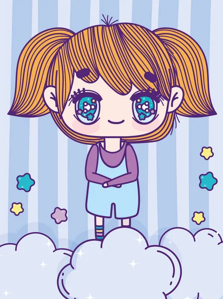 Anime cute girl with ponytails stars clouds striped background — Stock Vector